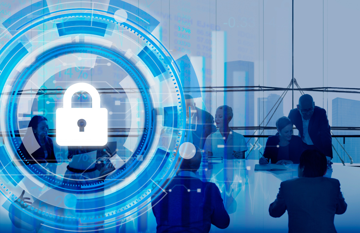A lock overlaid on business people in a boardroom